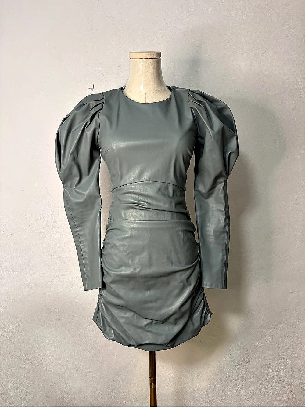 Zara Faux Leather Puff Sleeve Mini Dress in Green